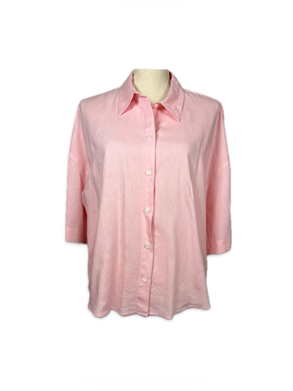 H&M Pink Linen Blend Button Down Shirt Large 3/4 Sleeve Relaxed Casual Top